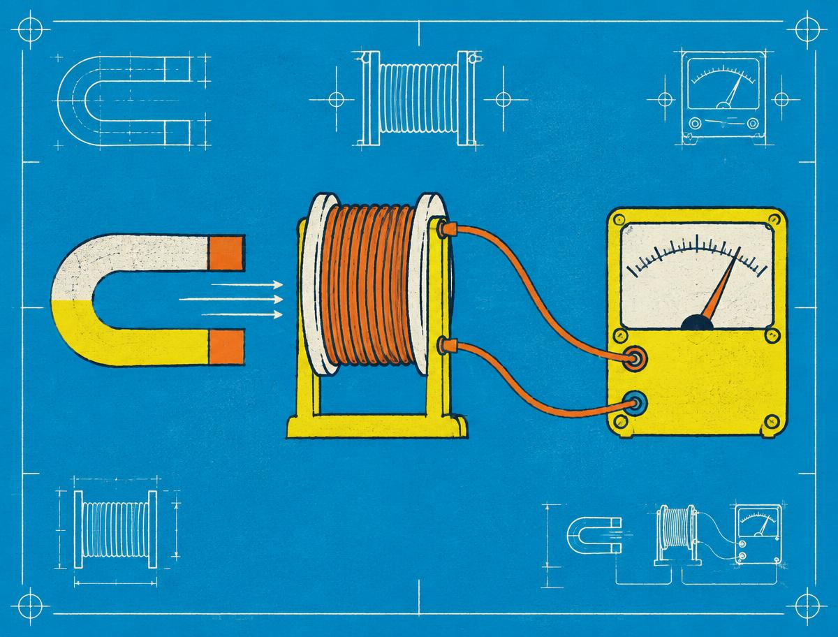Blueprint illustration of a magnet moving through a wire coil connected to a meter
