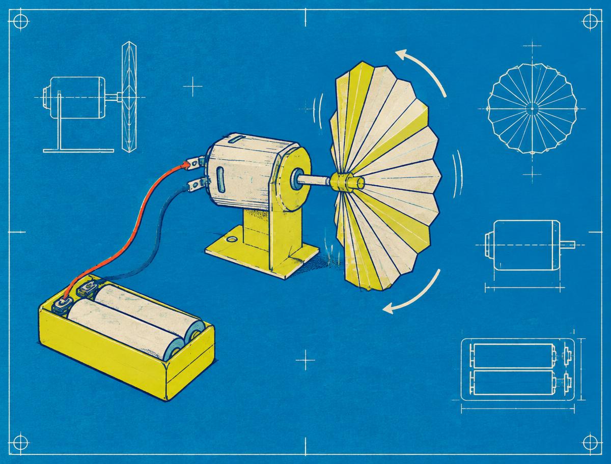 Blueprint illustration of a battery-powered motor spinning a folded paper fan