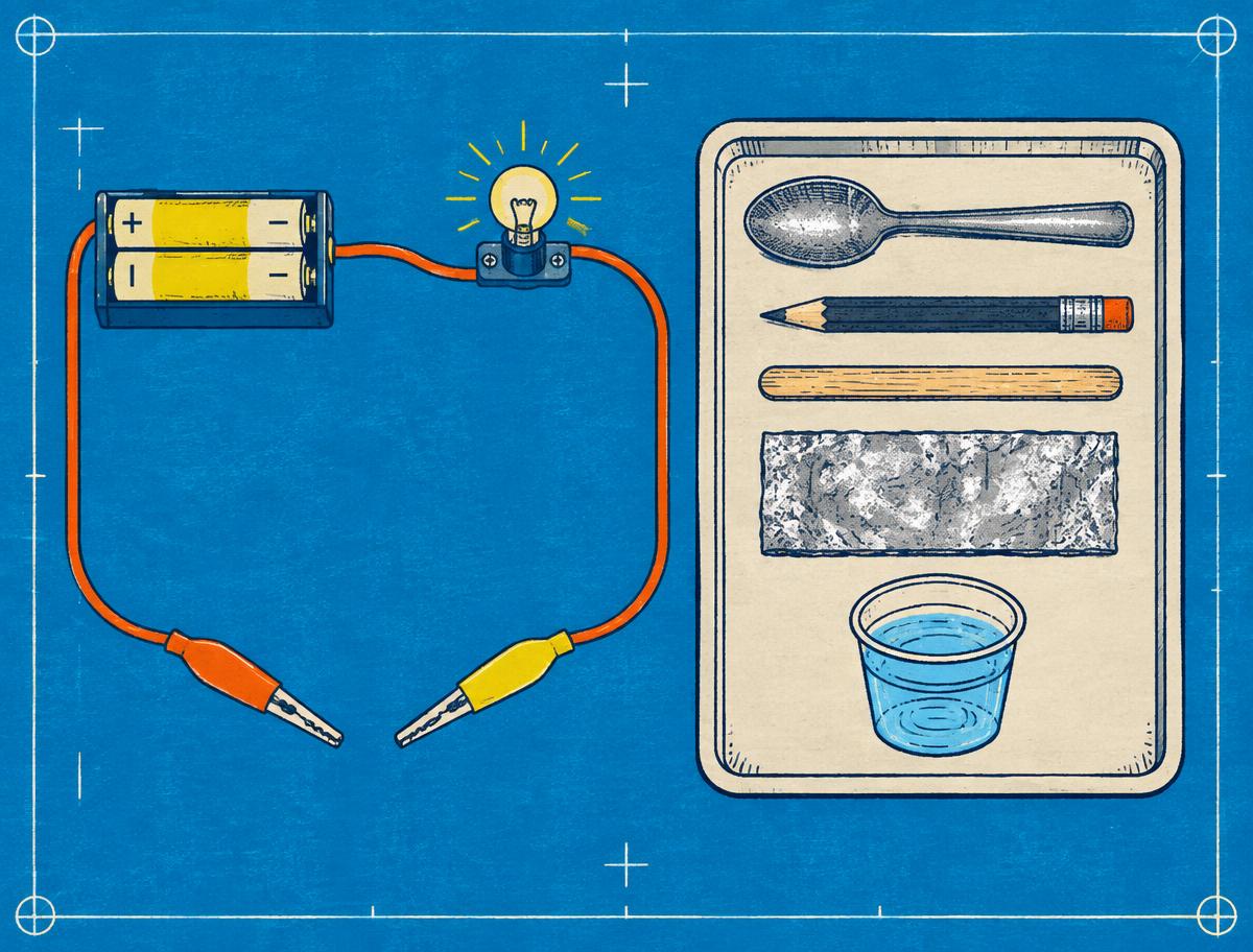 Blueprint illustration of a conductivity tester beside household test materials