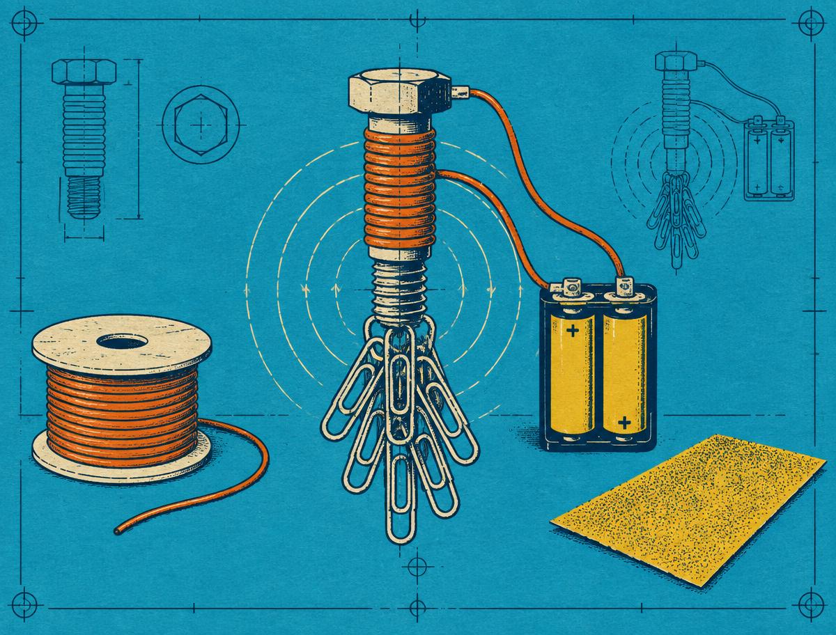 Blueprint illustration of a wire-wrapped bolt electromagnet lifting paper clips