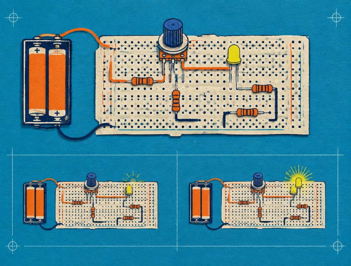 Blueprint illustration of a breadboard dimmer circuit with a potentiometer and LED