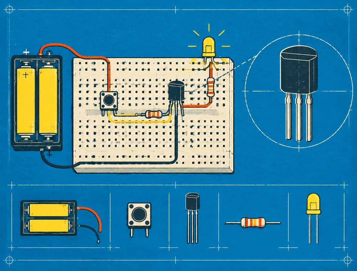 Blueprint illustration of a transistor switching an LED on a breadboard