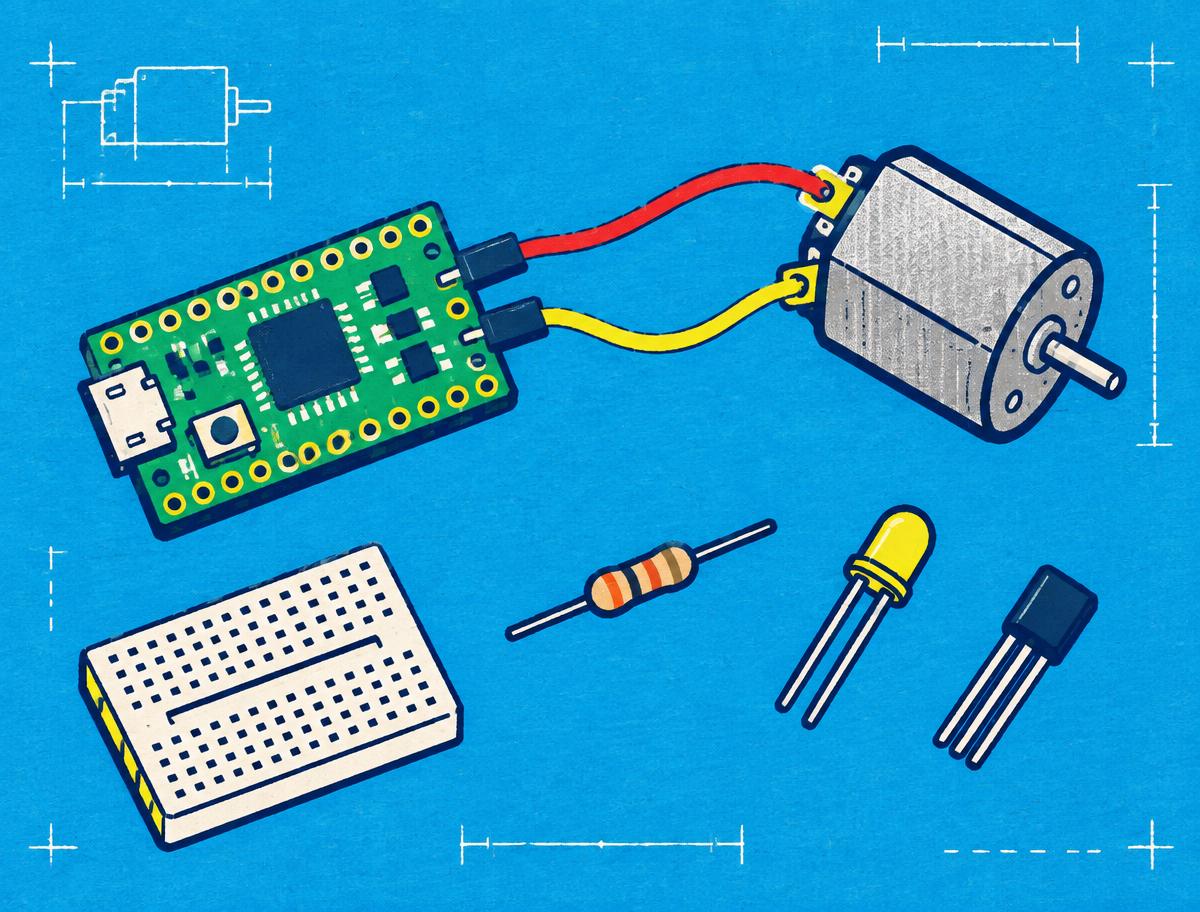 Blueprint illustration of a microcontroller wired to a small motor