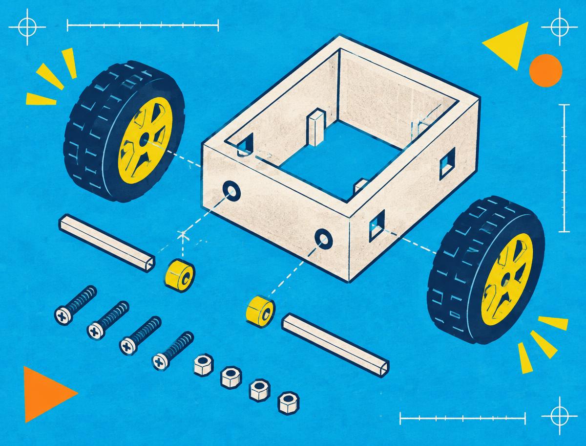 Blueprint illustration of a small robot chassis with wheels and parts