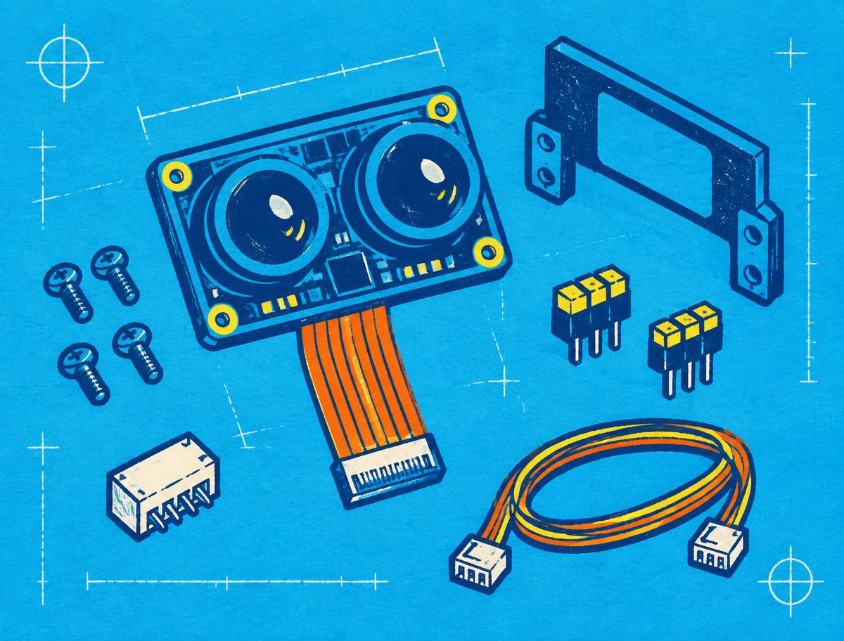 Blueprint illustration of a two-lens camera sensor and connectors