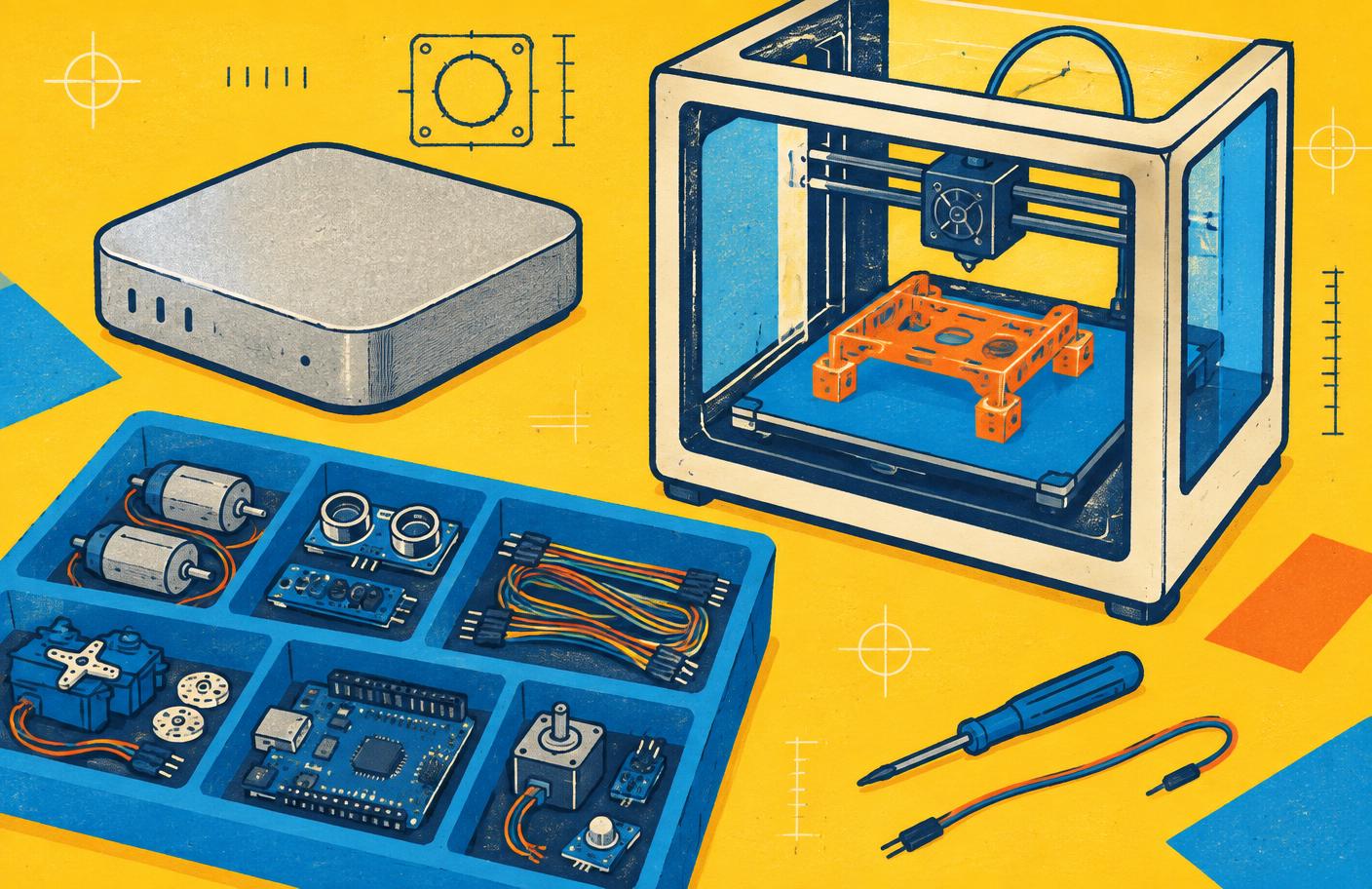 Illustration of a compact computer, 3D printer and organized robotics parts on a family workbench